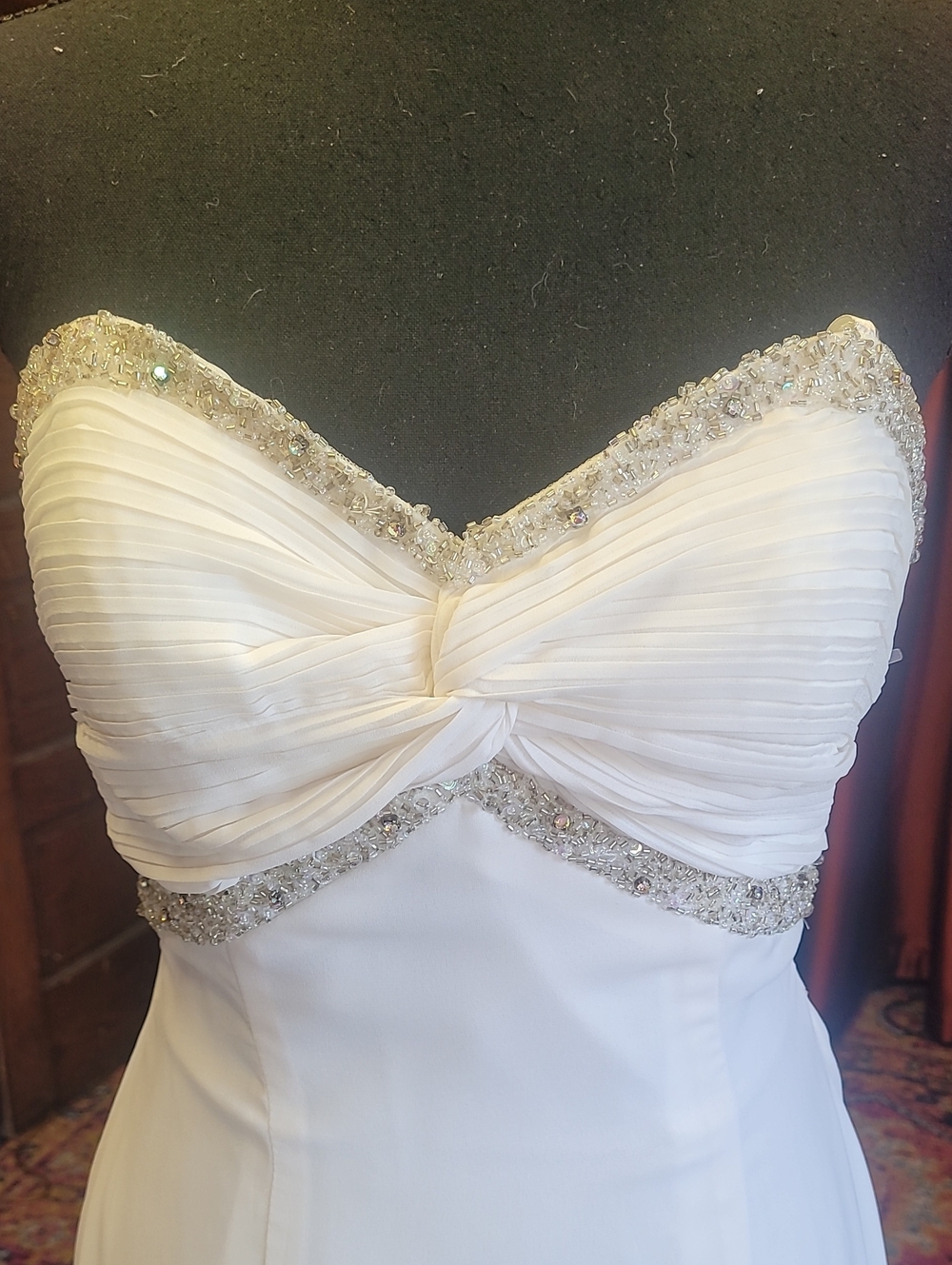Strapless Ivory Beaded Twist-Bodice Dress